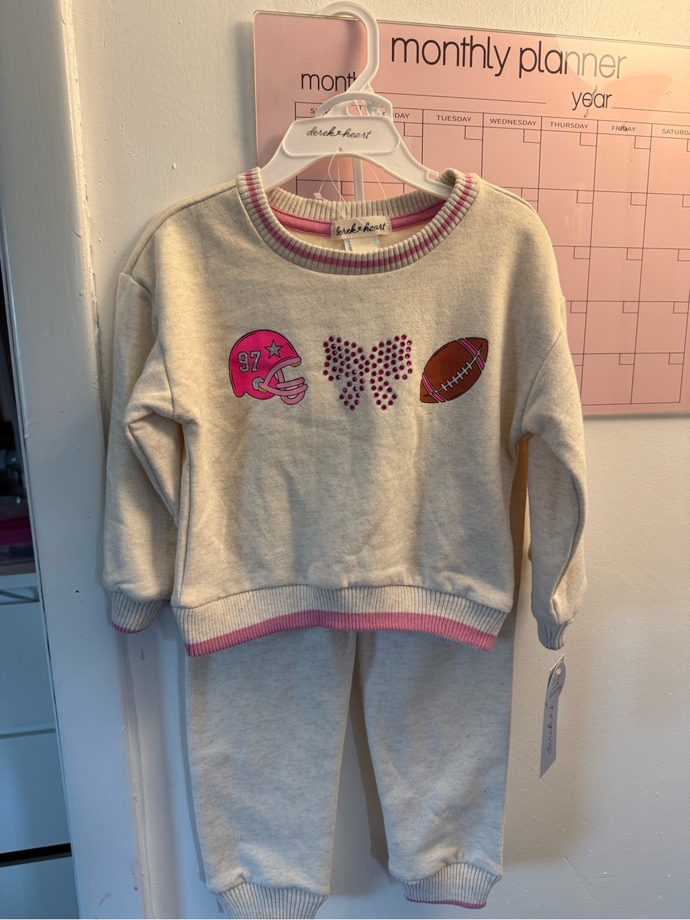 NWT Kids Cream & Pink Football Sweatshirt and Jogger Set